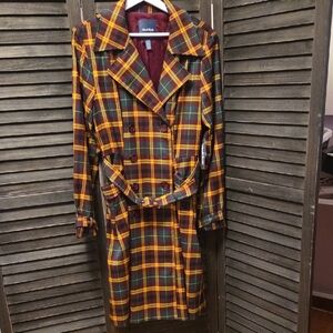 ModCloth Plaid Double-Breasted Trench Coat in Maroon, Mustard, Green**Women's